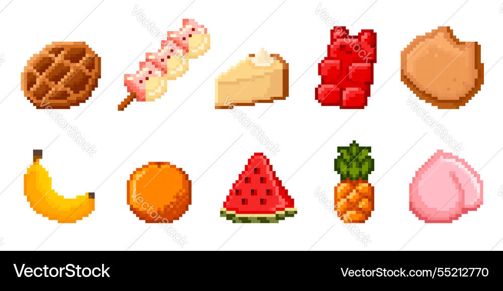 Pixel sweets and fruit icons set isolated on white Pixel sweets and fruit icons set isolated on white vector image
