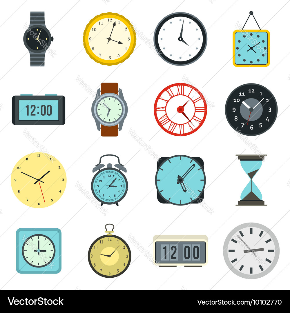 Time and clock icons set flat style vector image