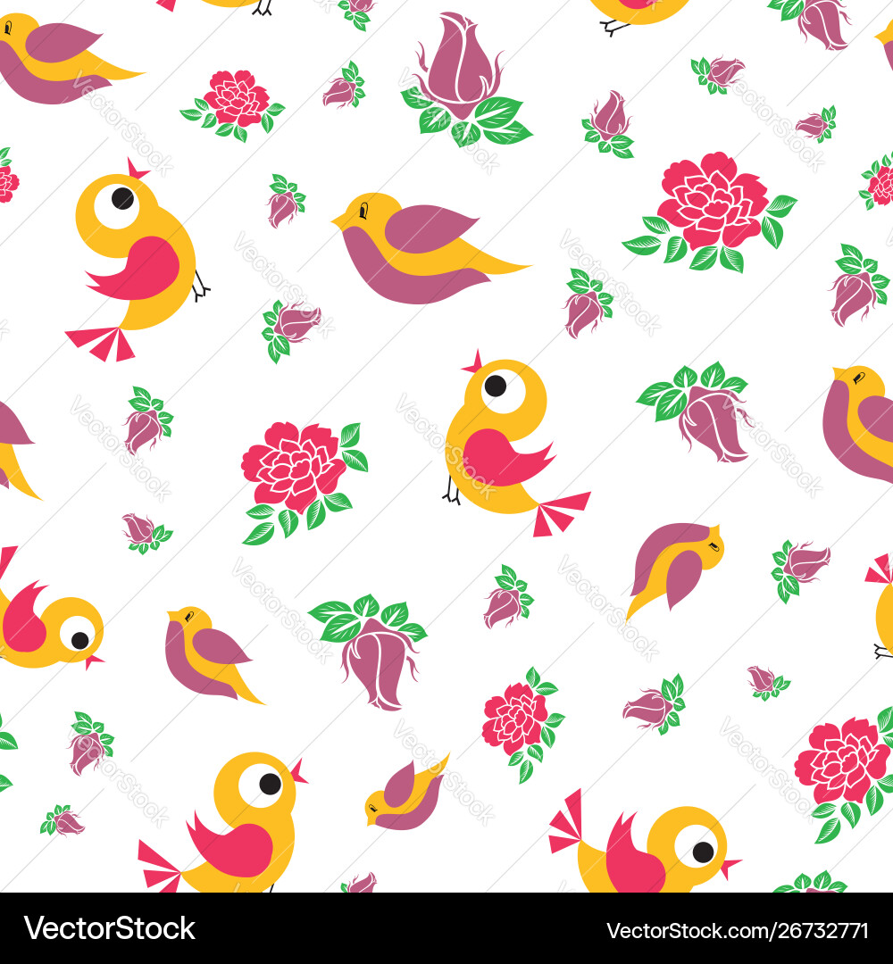Birds and Roses Seamless Pattern Vector Image