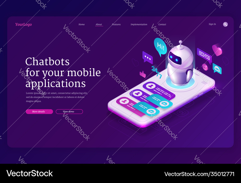 Mobile chatbot app isometric landing page banner vector image