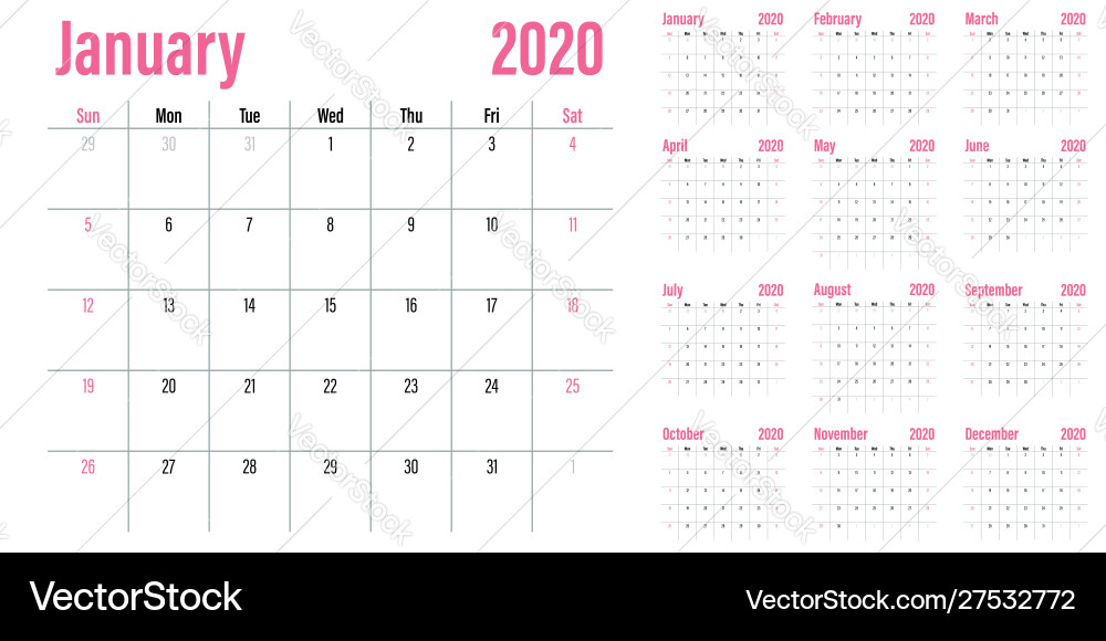 Calendar planner 2020 template Calendar planner 2020 template vector image