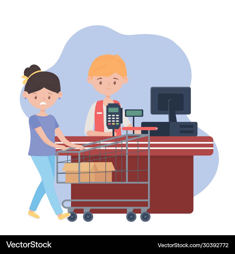 Sad customer with shopping cart and box empty vector image