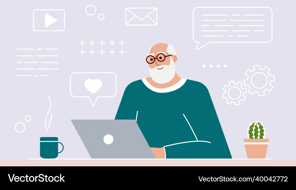Senior man studies and teaches modern technologies Senior man studies and teaches modern technologies vector image