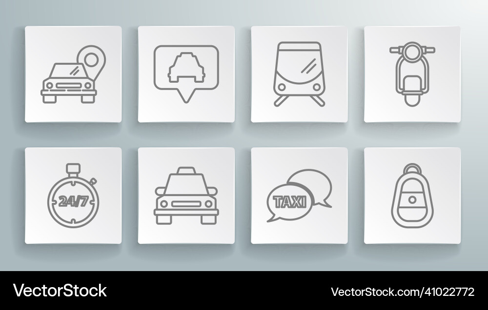 Set line stopwatch 24 hours map pointer with taxi Set line stopwatch 24 hours map pointer with taxi vector image