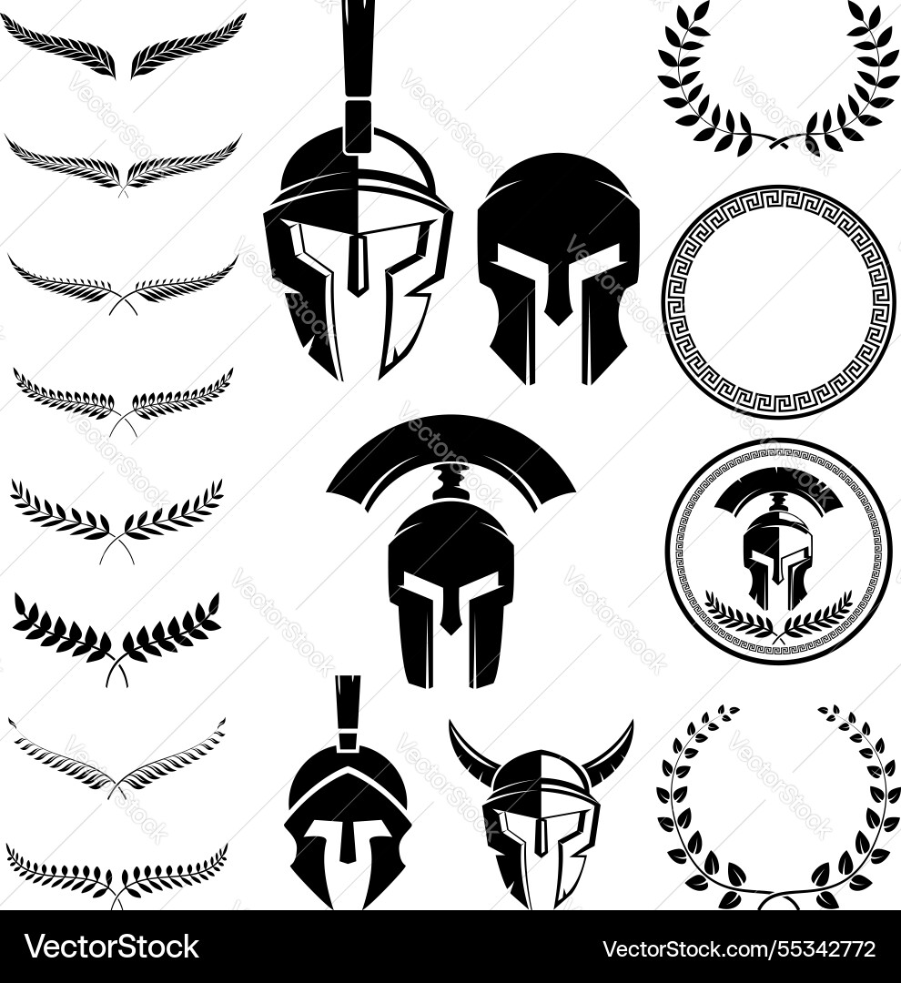 Set of the spartan warriors helmets and design Set of the spartan warriors helmets and design Vector Image