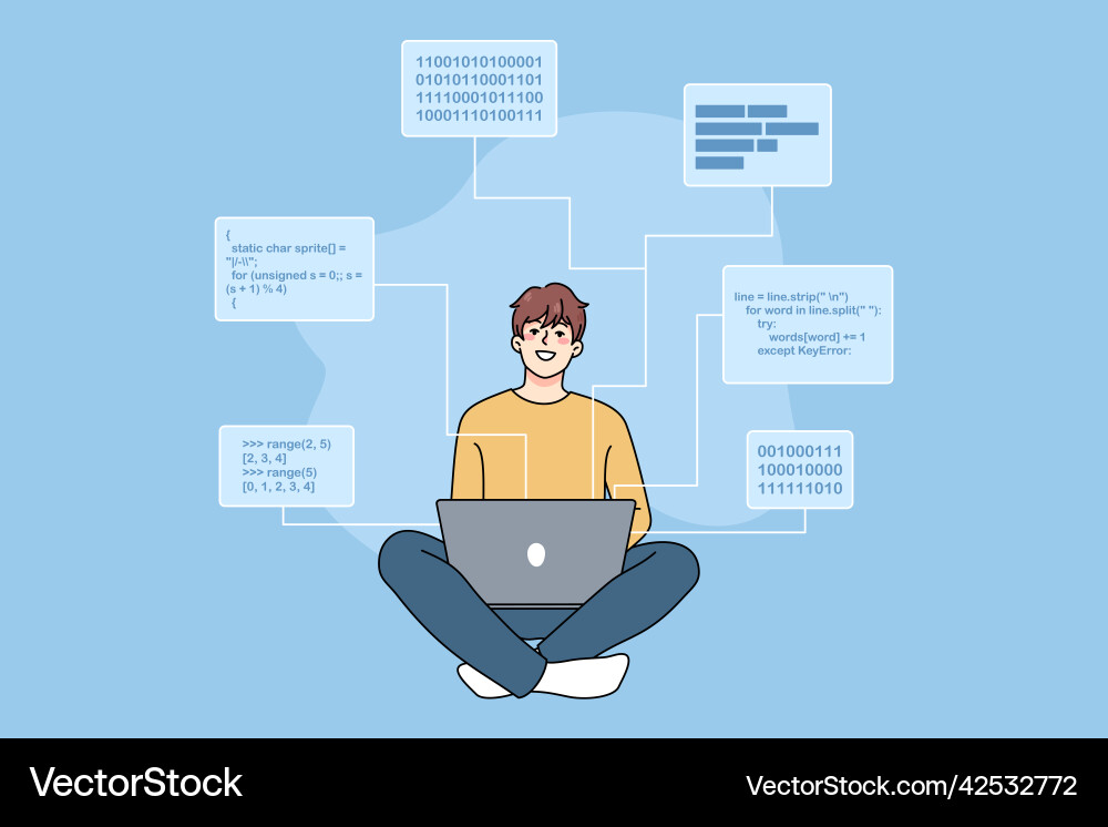 Smiling software engineer writing codes vector image