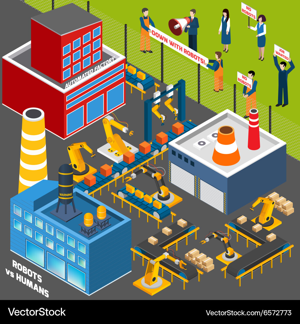 Automation Protest: Workers vs. Robots vector image
