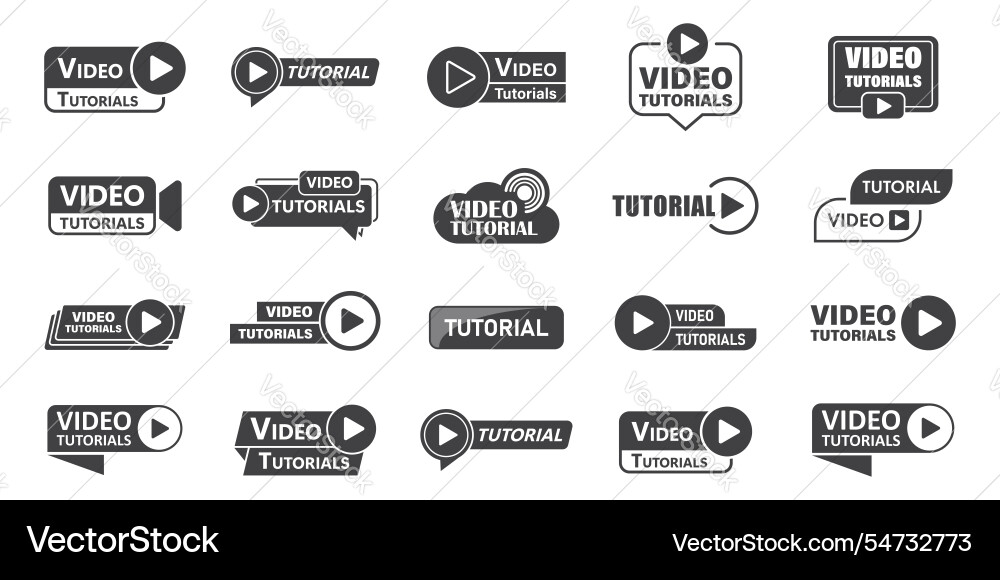 Play video tutorials icon set in flat style Play video tutorials icon set in flat style Vector Image