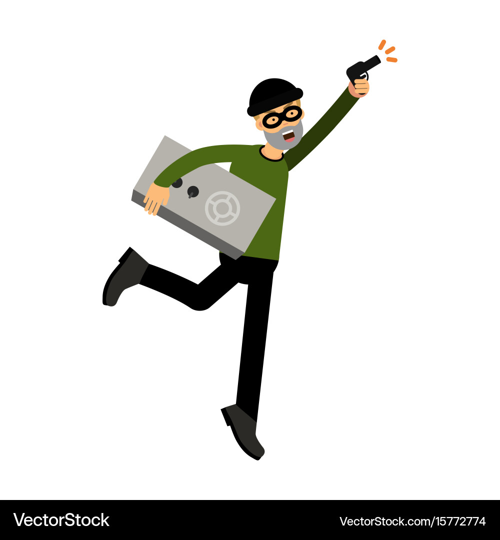 Thief character running with a safe and gun Vector Image