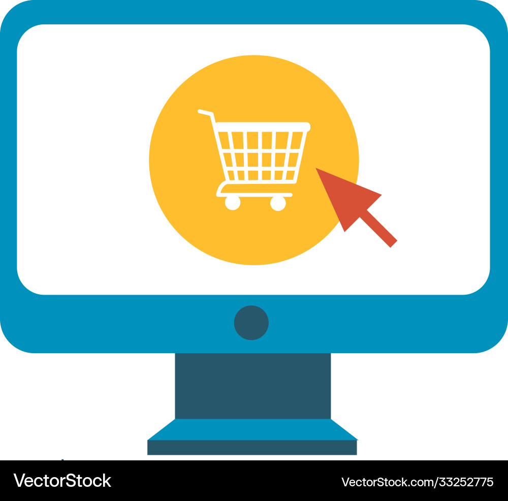 Desktop with shopping cart and mouse arrow line Vector Image