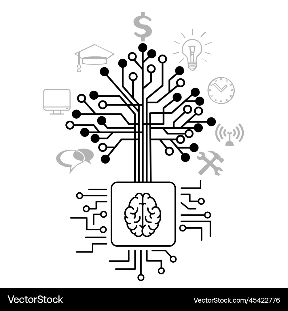 Techno tree grow on brain cpu computer chip Techno tree grow on brain cpu computer chip vector image