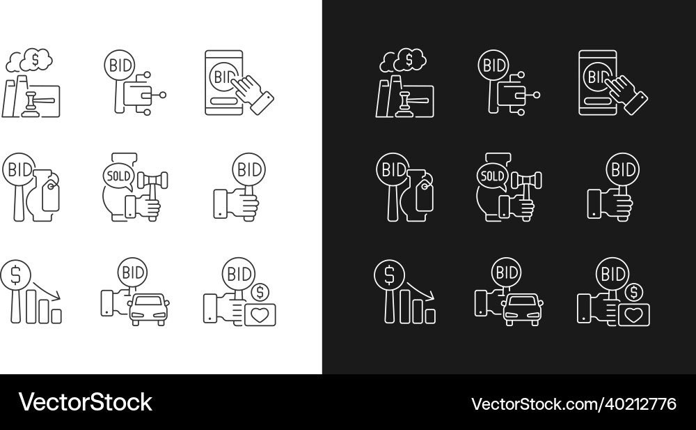 Types of auctions linear icons set for dark Types of auctions linear icons set for dark vector image
