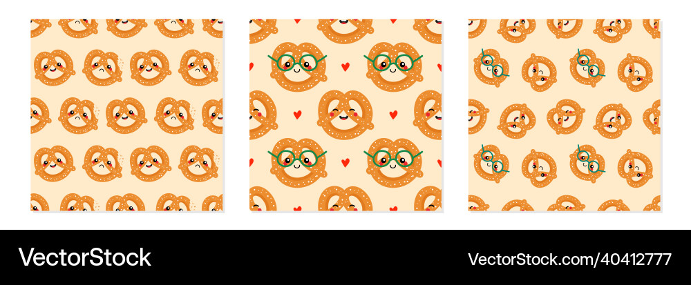Set of patterns with smiling pretzel characters Set of patterns with smiling pretzel characters vector image