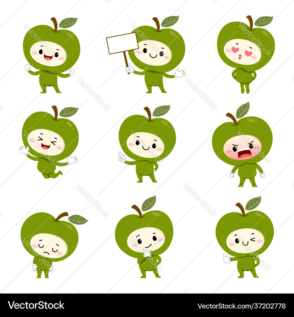 Set cute green apple cartoon characters vector image