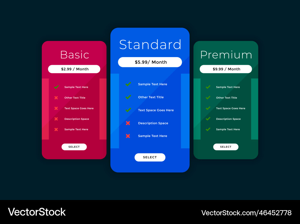 Website pricing table comparison chart template Vector Image