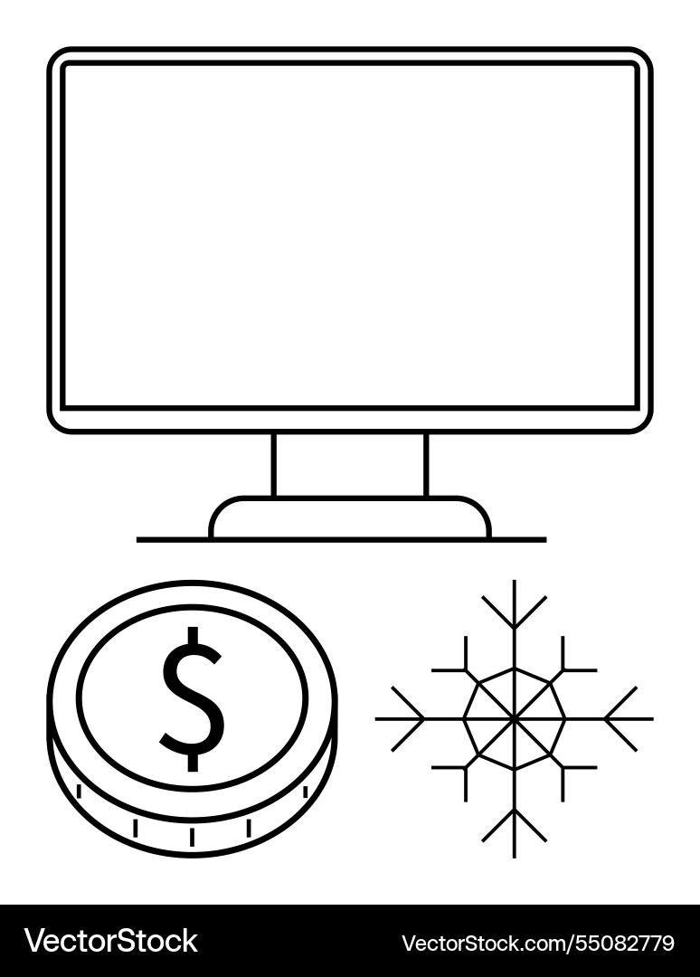 Computer monitor with coin and snowflake Computer monitor with coin and snowflake vector image
