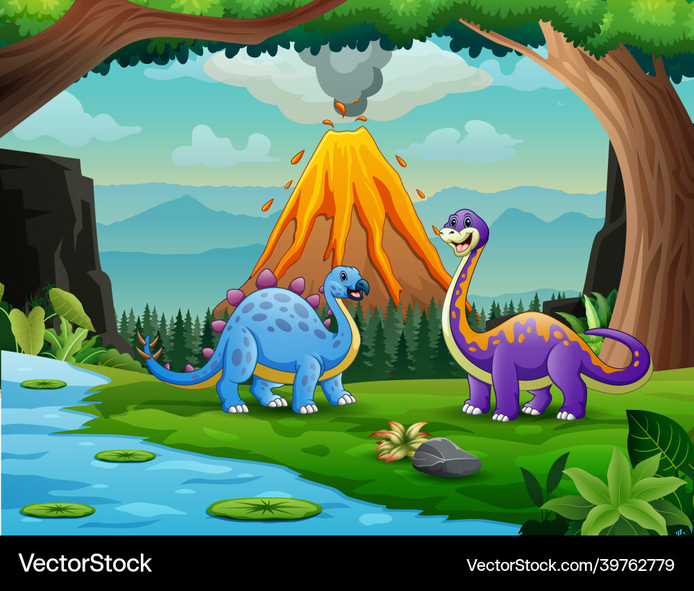 Dinosaurier im Dschungel mit Vulkanausbruch Dinosaurier im Dschungel mit Vulkanausbruch Vektorbild