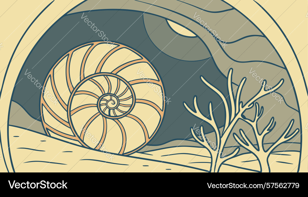 Nautilus shell within a cavern with abstract vector image