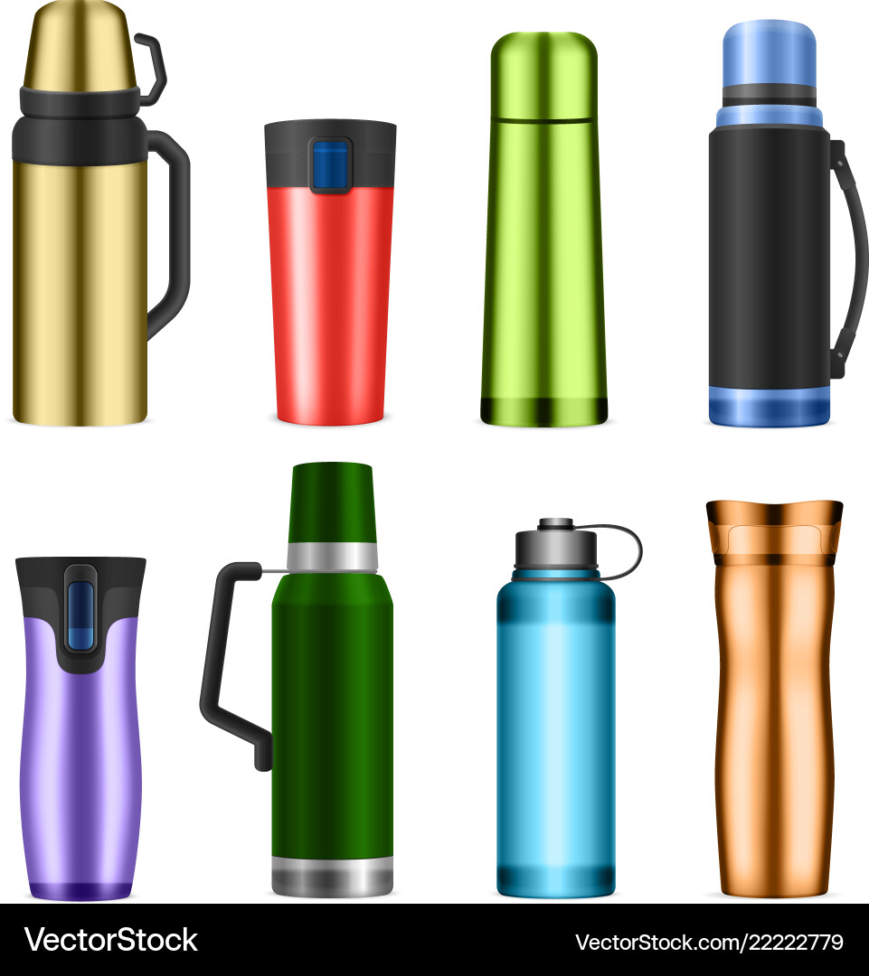 Vacuum flask color realistic set Vacuum flask color realistic set Vector Image