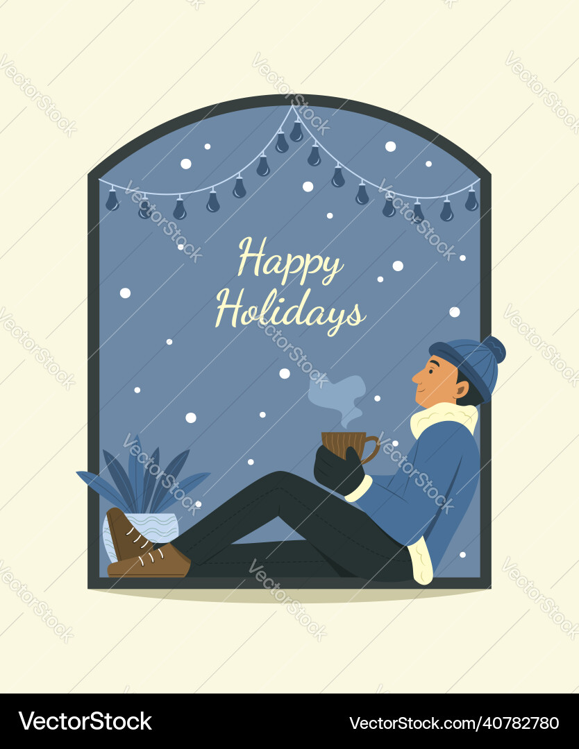 Man sitting on window sill and enjoy with winter Man sitting on window sill and enjoy with winter vector image