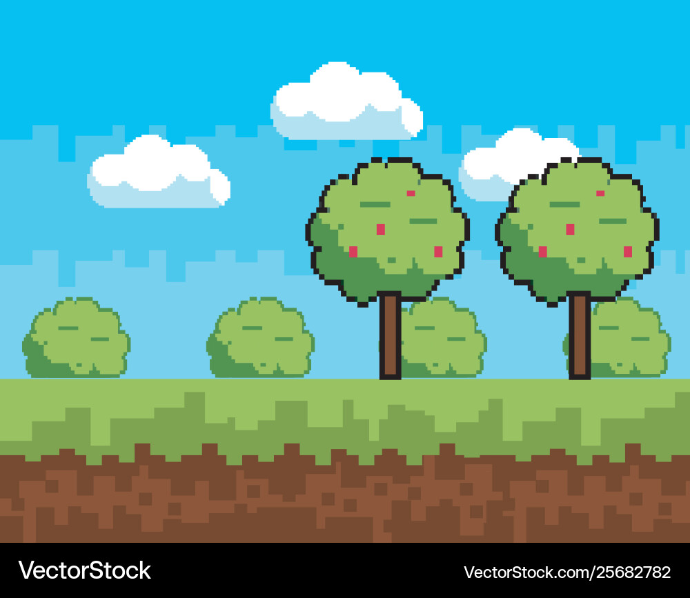 Arcade game world and pixel scene design Vector Image