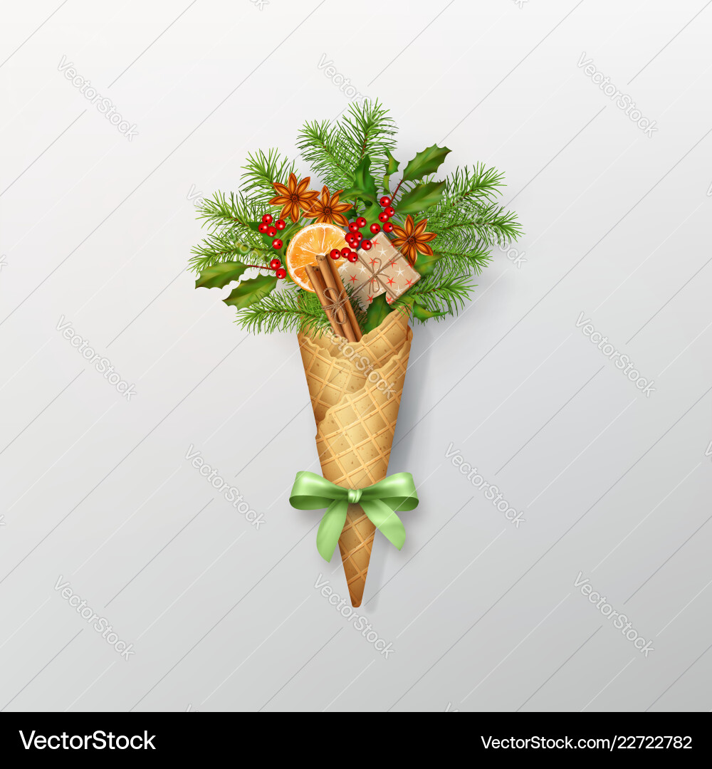 Christmas composition in a waffle cone Christmas composition in a waffle cone vector image