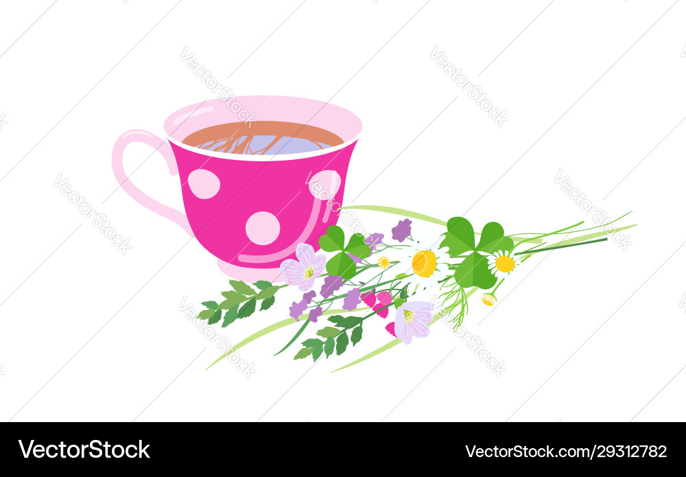 Teebecher und Wildblumen isoliert auf weiß Teebecher und Wildblumen isoliert auf weiß vektorbild