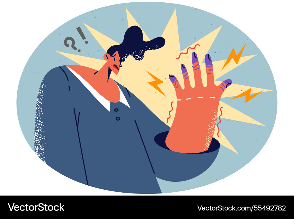 Unhealthy man frustrated with tremor in hands Vector Image