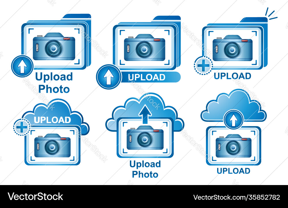 Upload photo icon set camera uploading picture Upload photo icon set camera uploading picture vector image