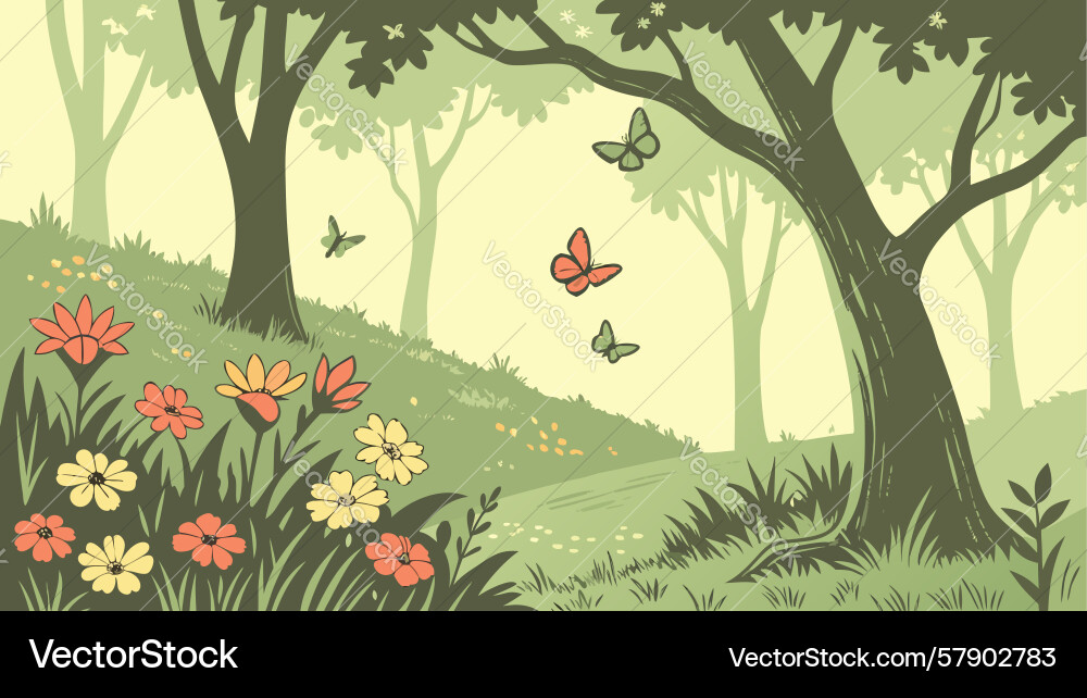 Idyllic forest path with sunlit trees Vector Image