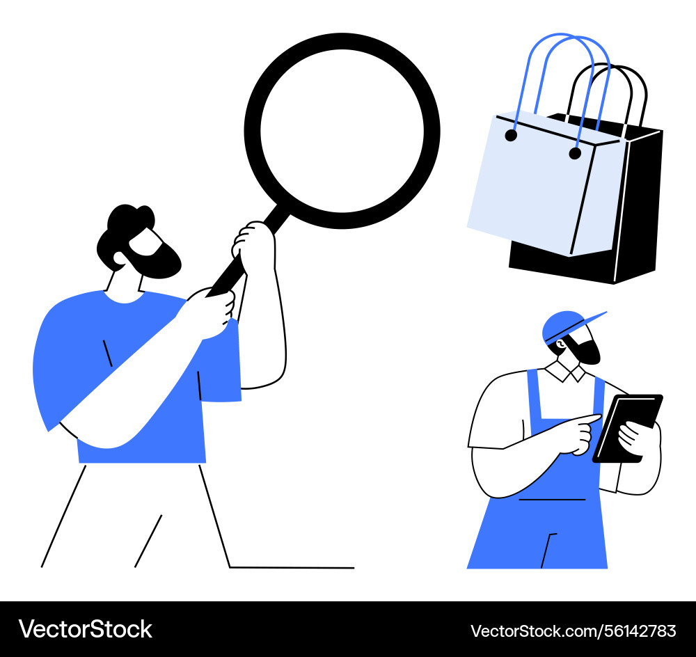 Man examining with magnifying glass and delivery Man examining with magnifying glass and delivery vector image