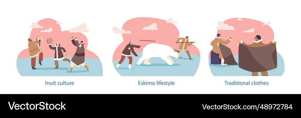 Isolated elements with eskimo characters hunting Isolated elements with eskimo characters hunting Vector Image