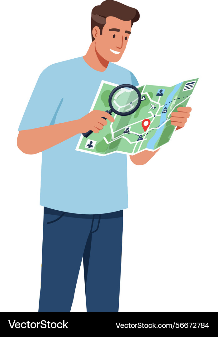 Man exploring map with magnifying glass Vector Image