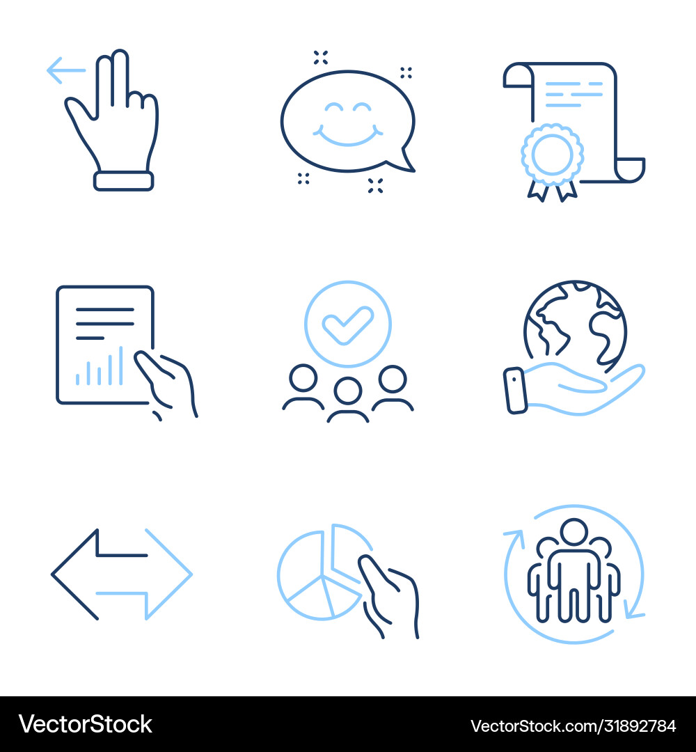 Pie chart teamwork and document icons set smile Pie chart teamwork and document icons set smile Vector Image