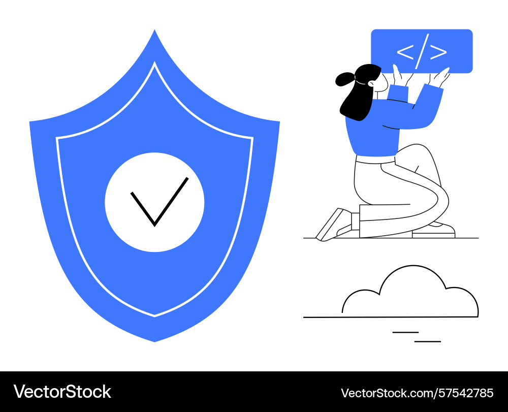 Woman coding with shield highlighting vector image