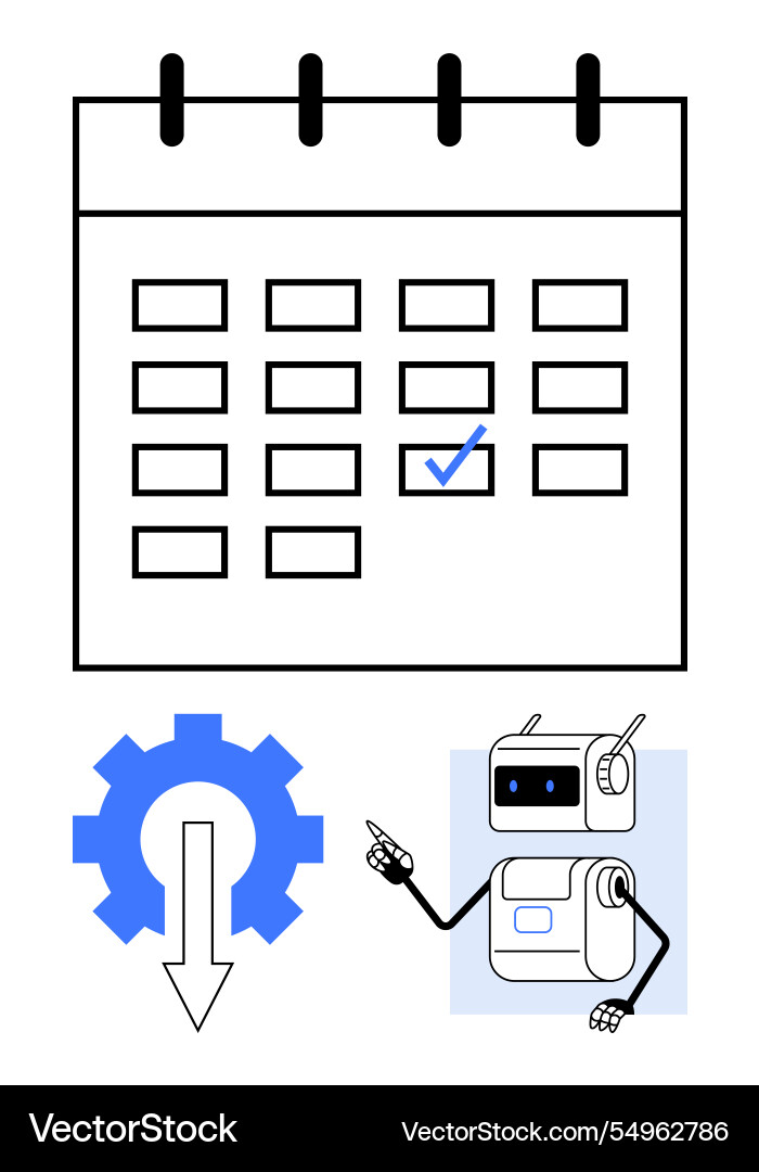 Calendar with gear and robot representing Calendar with gear and robot representing vector image