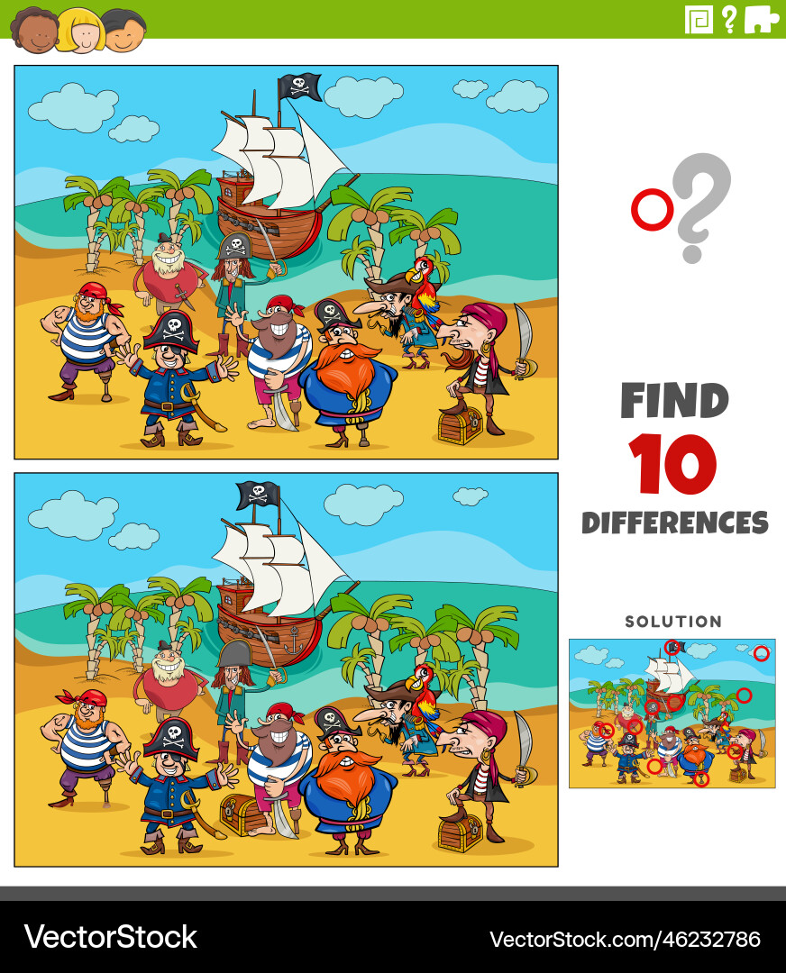 Unterschiede Spiel mit Cartoon Piraten auf Schatz Unterschiede Spiel mit Cartoon Piraten auf Schatz vektorbild