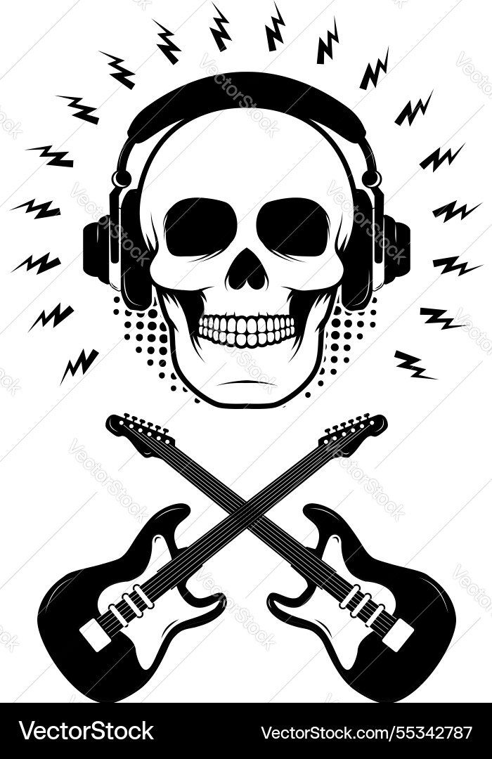 Skull in headphones with two crossing guitars Skull in headphones with two crossing guitars Vector Image