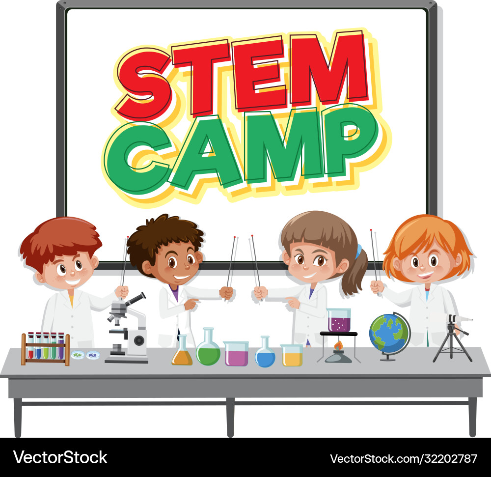 Stem-Camp-Logo mit Kindern die Wissenschaftler tragen Stem-Camp-Logo mit Kindern die Wissenschaftler tragen vektorbild
