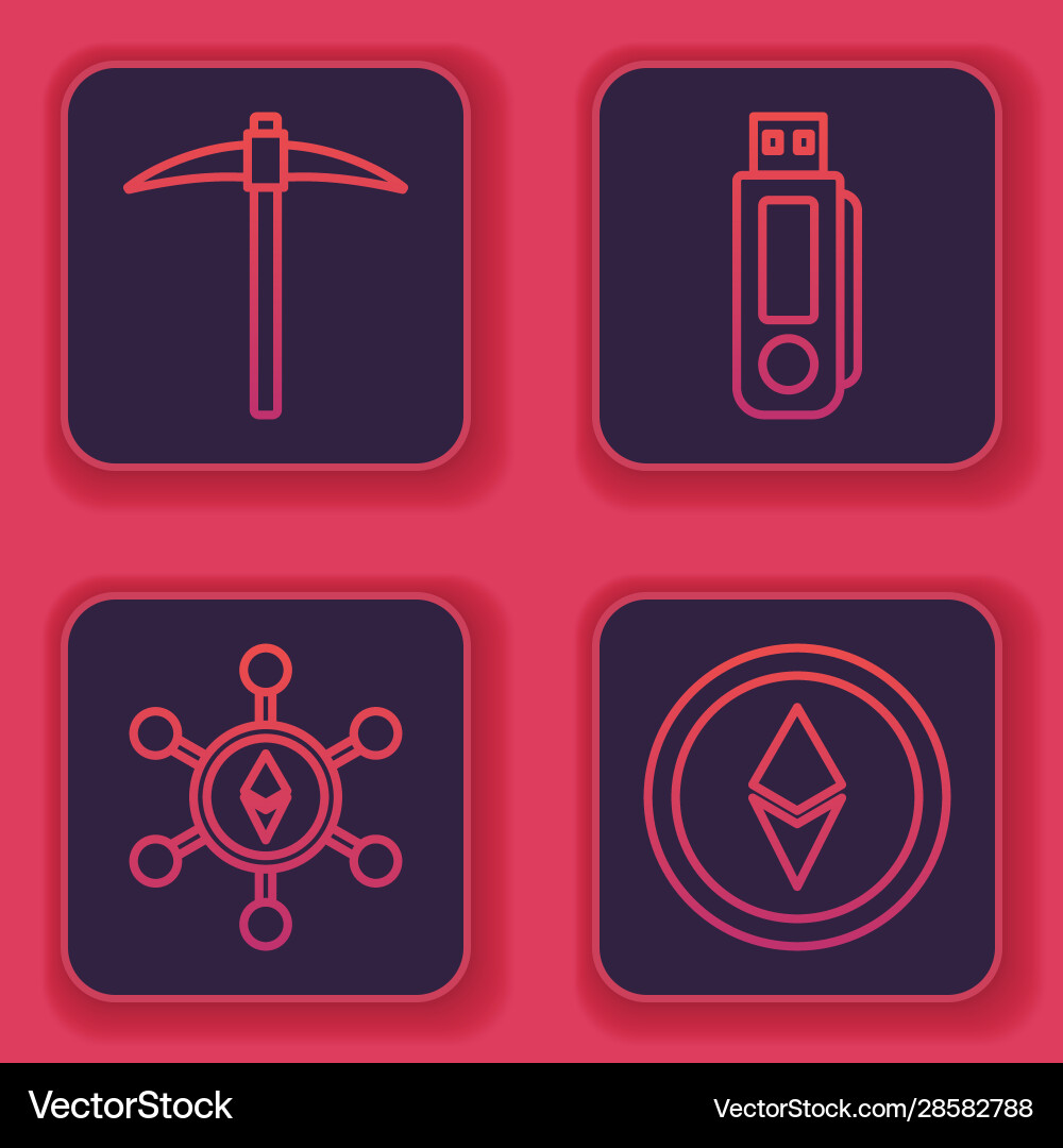 Set line pickaxe blockchain technology ethereum Set line pickaxe blockchain technology ethereum vector image