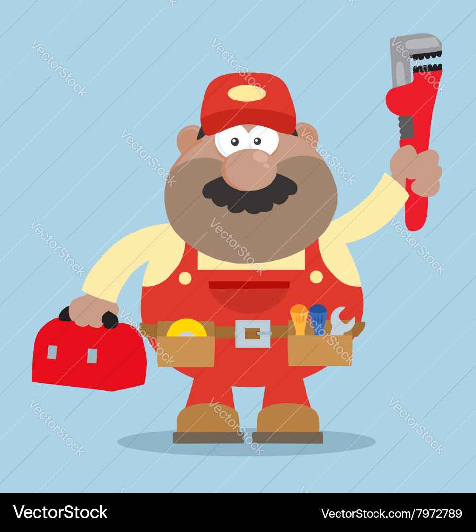 Glücklicher Mechaniker Cartoon mit Werkzeugkasten Vektorbild