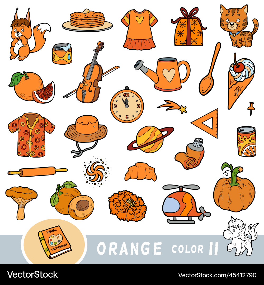 Colorful set of orange color objects visual Colorful set of orange color objects visual vector image