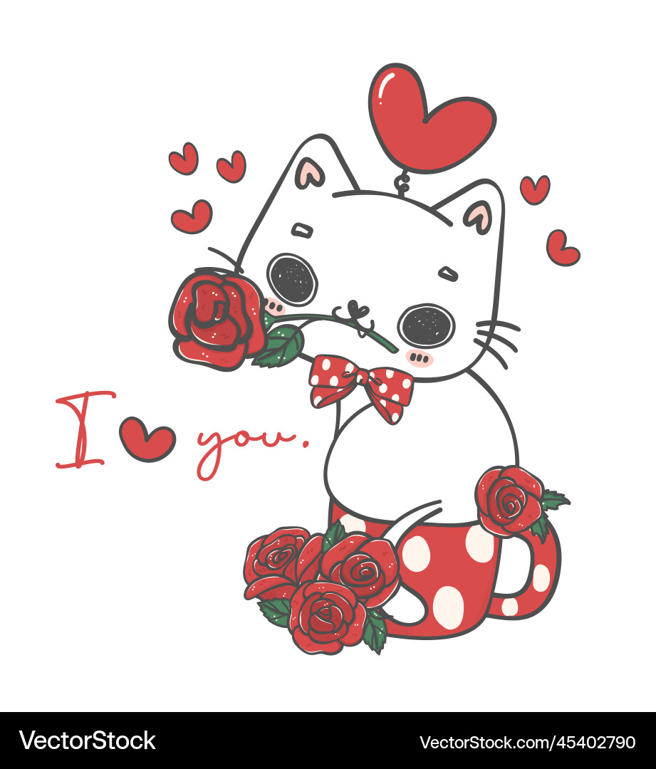 Cute kawaii romantic white cat sitting on red Cute kawaii romantic white cat sitting on red vector image