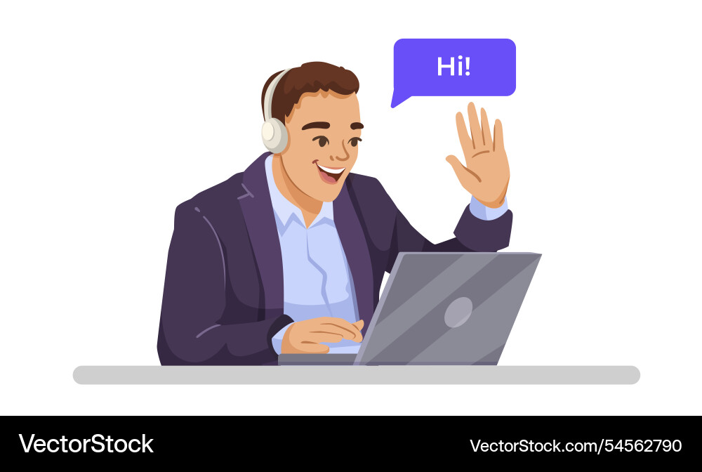 Man with headset waving and using laptop on desk Man with headset waving and using laptop on desk vector image