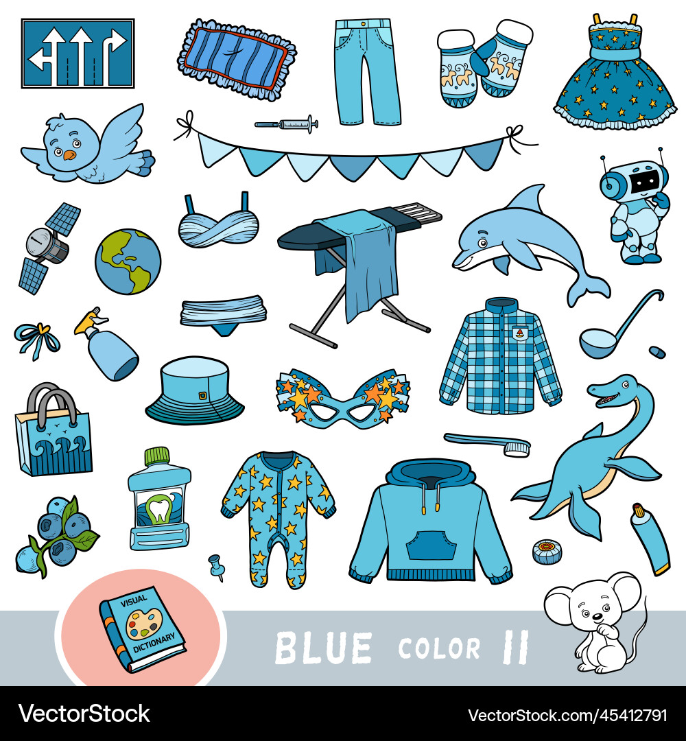 Colorful set of blue color objects visual Colorful set of blue color objects visual vector image