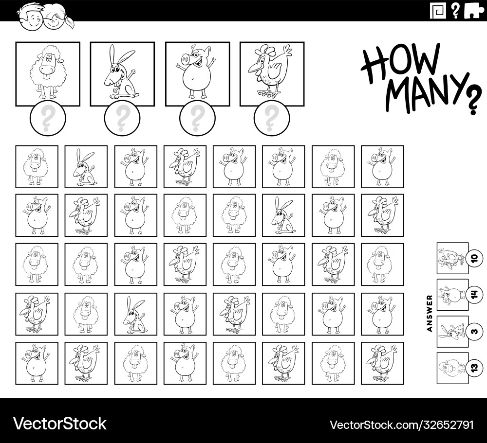 How many farm animals counting task color book How many farm animals counting task color book vector image