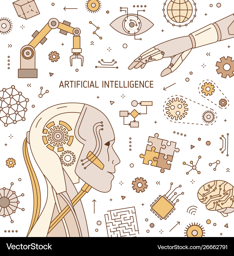 Square card template with robot head robotic arm Square card template with robot head robotic arm vector image