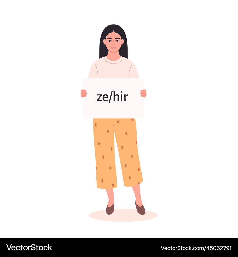 Young asian woman holding sign with gender pronoun Young asian woman holding sign with gender pronoun vector image