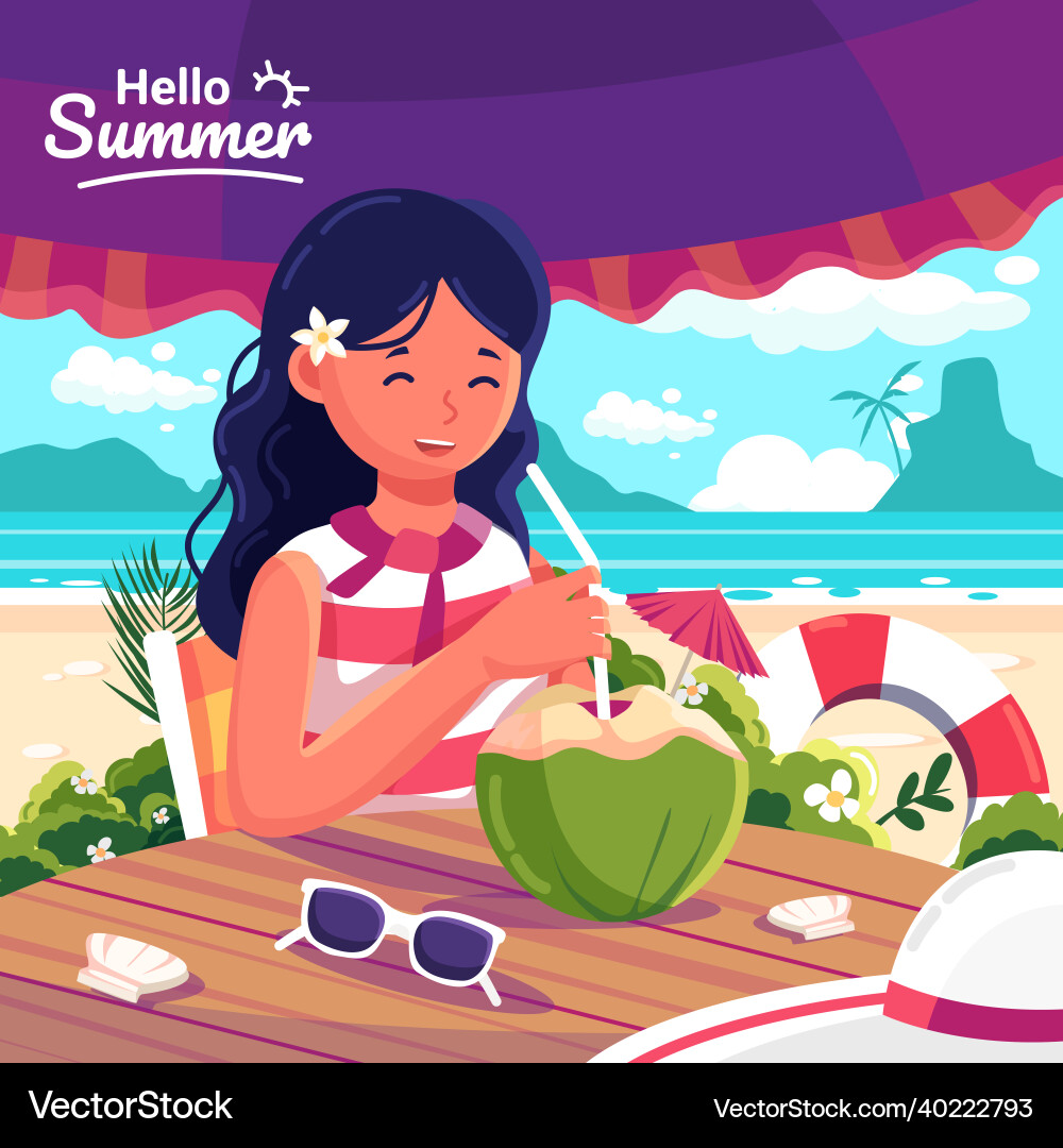 A woman sits and eats coconut water at table A woman sits and eats coconut water at table vector image