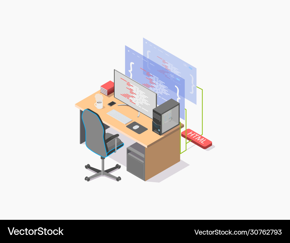 Isometric a programmers workplace computer Isometric a programmers workplace computer vector image